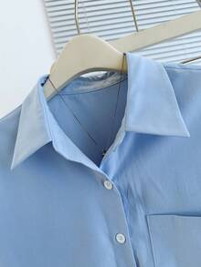 Resyla 女士蓝色蝙蝠袖口袋休闲通勤衬衫，春夏款 - 藍色 - 查看 7