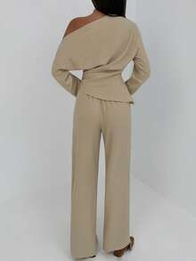 Aloruh Conjunto feminino para o dia a dia: blusa de manga comprida com cintura franzida + calça folgada