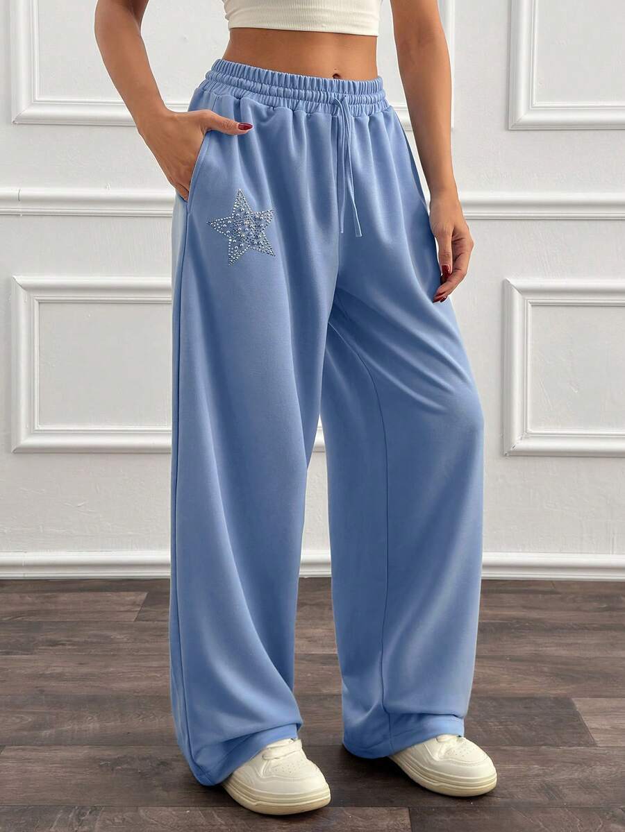 Cloudara Mujer, Primavera, Verano, Pantalón de chándal, Bordado, Y2k, Casual, Fresco, Viaje, Bonito - Celeste - Ver 1