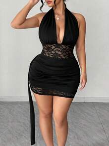 SHEIN PETITE CURVE 大码优雅精致褶皱腰身连衣裙，V领设计，适合约会、情人节派对等场合，高品质，修身显瘦。 - 黑色 - 查看 6