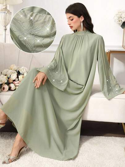 Yasmyna Solid Color Stand Collar Flare Sleeve Loose Conservative Elegant Rhinestone Embellished Women Arabic Style Dress Dress Modest Luxury Dress For Women Green Elegant Dress Women
