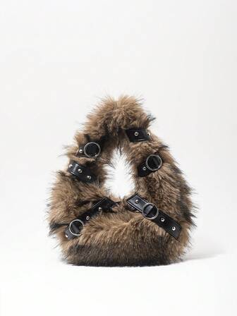 Grunge Punk Bolsos de mano para damas/mujeres, de peluche, bolso de peluche, bolsos de motociclista con remaches punk, regalos para mujeres, cadena de metal, de moda, con personalidad, versátil, para compras, calle, dulce y fresco para chicas, chicas calientes, Y2K, diario, otoño e invierno (patrón aleatorio)