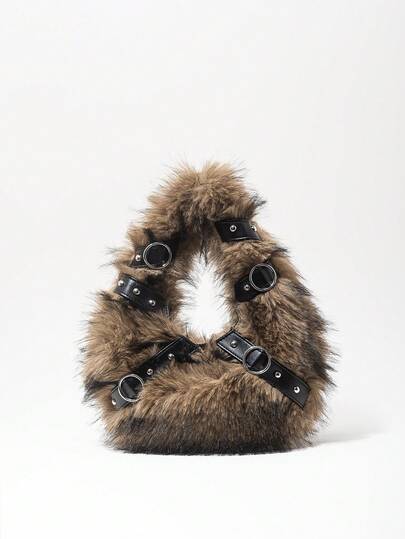 Grunge Punk Bolsos de mano para damas/mujeres, de peluche, bolso de peluche, bolsos de motociclista con remaches punk, regalos para mujeres, cadena de metal, de moda, con personalidad, versátil, para compras, calle, dulce y fresco para chicas, chicas calientes, Y2K, diario, otoño e invierno (patrón aleatorio)