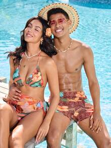 Manfinity VDAYZ Men's Beach Vacation Leopard & Floral Print Swim Trunks - Red - View 7