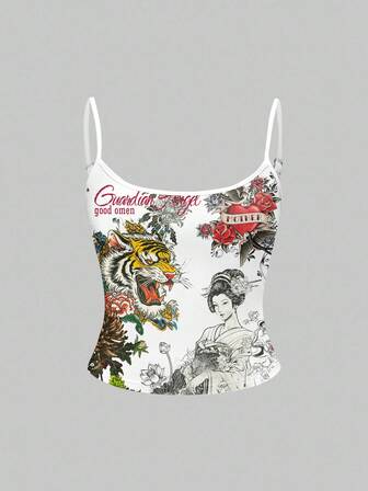 ROMWE Avant Top de tirantes para mujer con estampado de tigre, caligrafía china, lema de bambú, rosas y crisantemos, con estilo punk y sexy