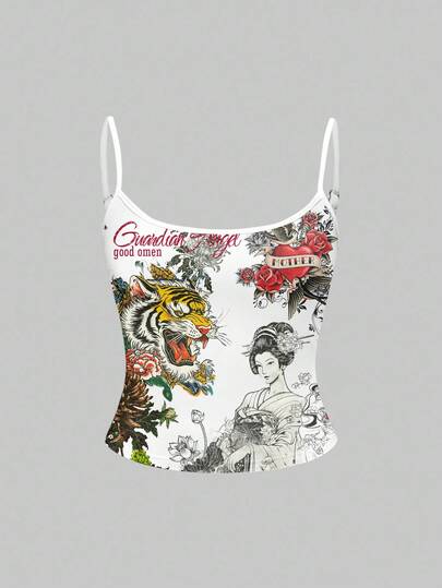 ROMWE Avant Top de tirantes para mujer con estampado de tigre, caligrafía china, lema de bambú, rosas y crisantemos, con estilo punk y sexy