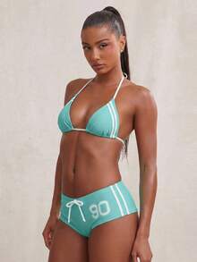 NYA SZN Swim Two Pieces String Bikini Short Cheeky Set Sporty Striped Beach Vacation Red Swimwear Carnival Outfits For Women - Green - View 1