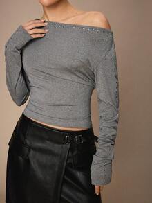 Maija 女士时尚通勤水钻不对称领衬衫 - 灰色 - 查看 2