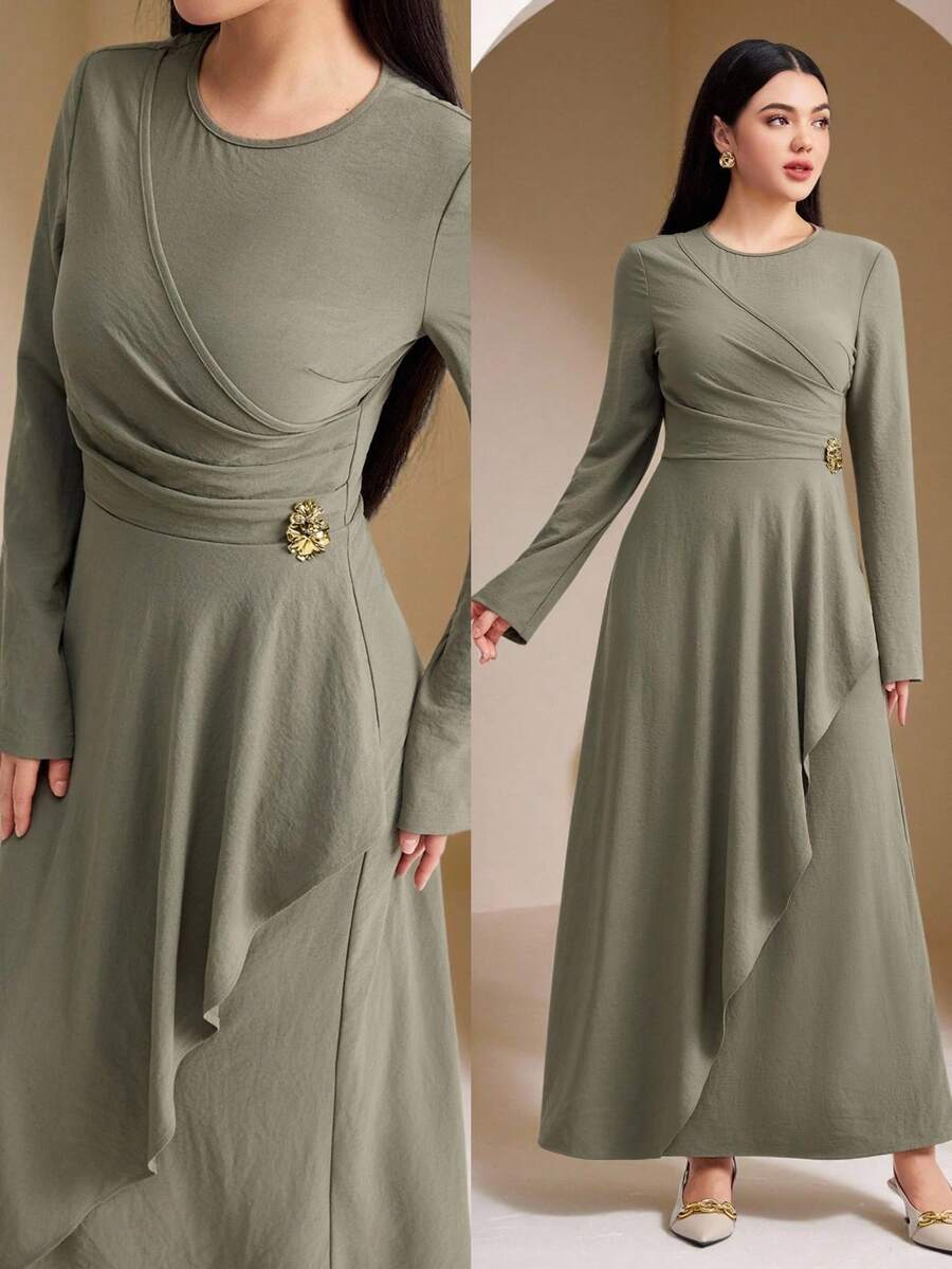 Veilorie Women's Solid Color Long Sleeve Waist Cinched Arabic Style Dress - Green - View 1