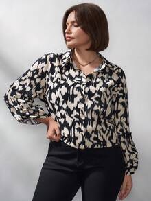Chikora 大码女式豹纹袖口单排扣休闲衬衫，适合办公室穿着，也适合职场女性，春季百搭，春假必备，优雅女式衬衫，女士衬衫，外出上衣，冬季女式上衣，优雅女式上衣 - 彩色 - 查看 4