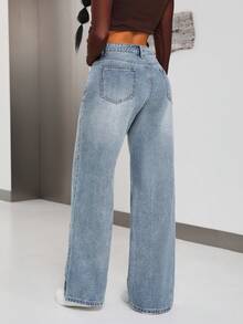 SHEIN ICON Jeans de pierna ancha de uso diario versátil y casual con bolsillos y botones para mujer - Azul - Ver 2