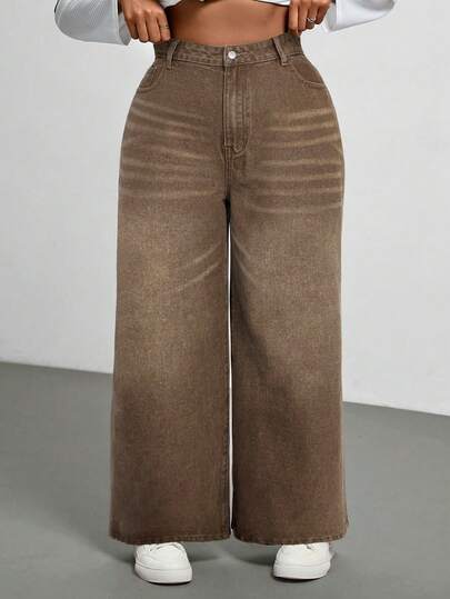 SHEIN ICON Jeans de talle alto y pierna ancha de lavado casual para mujer de talla grande