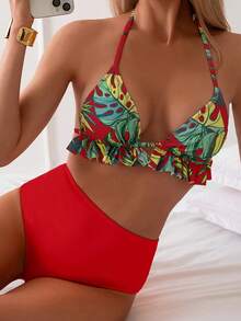 Swim Lushoire 两件套女士印花三角比基尼上衣和高腰纯色泳裤套装 - 彩色 - 查看 3