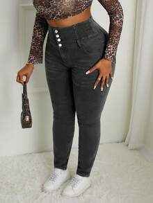 Slaydiva Plus Size Casual Washed High Waist Slim Fit Jeans - Dark Grey - View 6