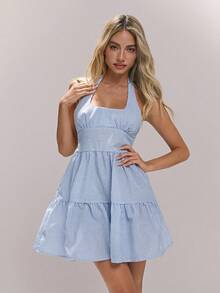 Sweetina Sleeveless Striped Print Ruffle Hem Halter Neck Dress Light Blue Summer Dress - Multicolor - View 2