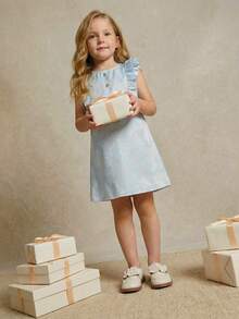 PrepCrw 1件装少女优雅都市学院风白色羽毛图案荷叶边无袖圆领连衣裙，适合外出、聚会、节日、派对、秋季、冬季、春季、夏季、情人节、婚礼等场合。 - 藍色 - 查看 10