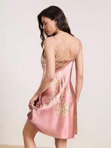 Hourtrue 两件套女士优雅花卉叶子印花丝滑系带睡袍及吊带睡裙睡衣套装，宽松系带长睡袍及吊带短裙，休闲舒适睡衣套装，两件套，秋冬服装 - 粉色 - 查看 3