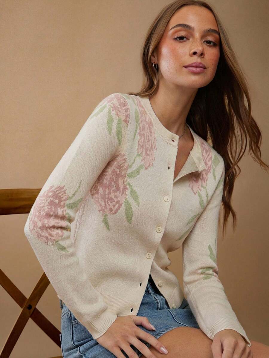 WESTFADE 圆领纽扣前开襟乡村西部风花卉嵌花长袖开衫毛衣，休闲可爱波西米亚风，适合秋季、冬季、乡村音乐会、西部风格场合，女士 - 杏色 - 查看 1