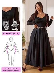SHEIN EZwear Plus Size Black Autumn Elegant Formal Dinner Evening Dress,Swan Collar Chest Ruching Asymmetric Hem Comfortable Slim Fit Flattering Waist Party Gown - Black - View 1