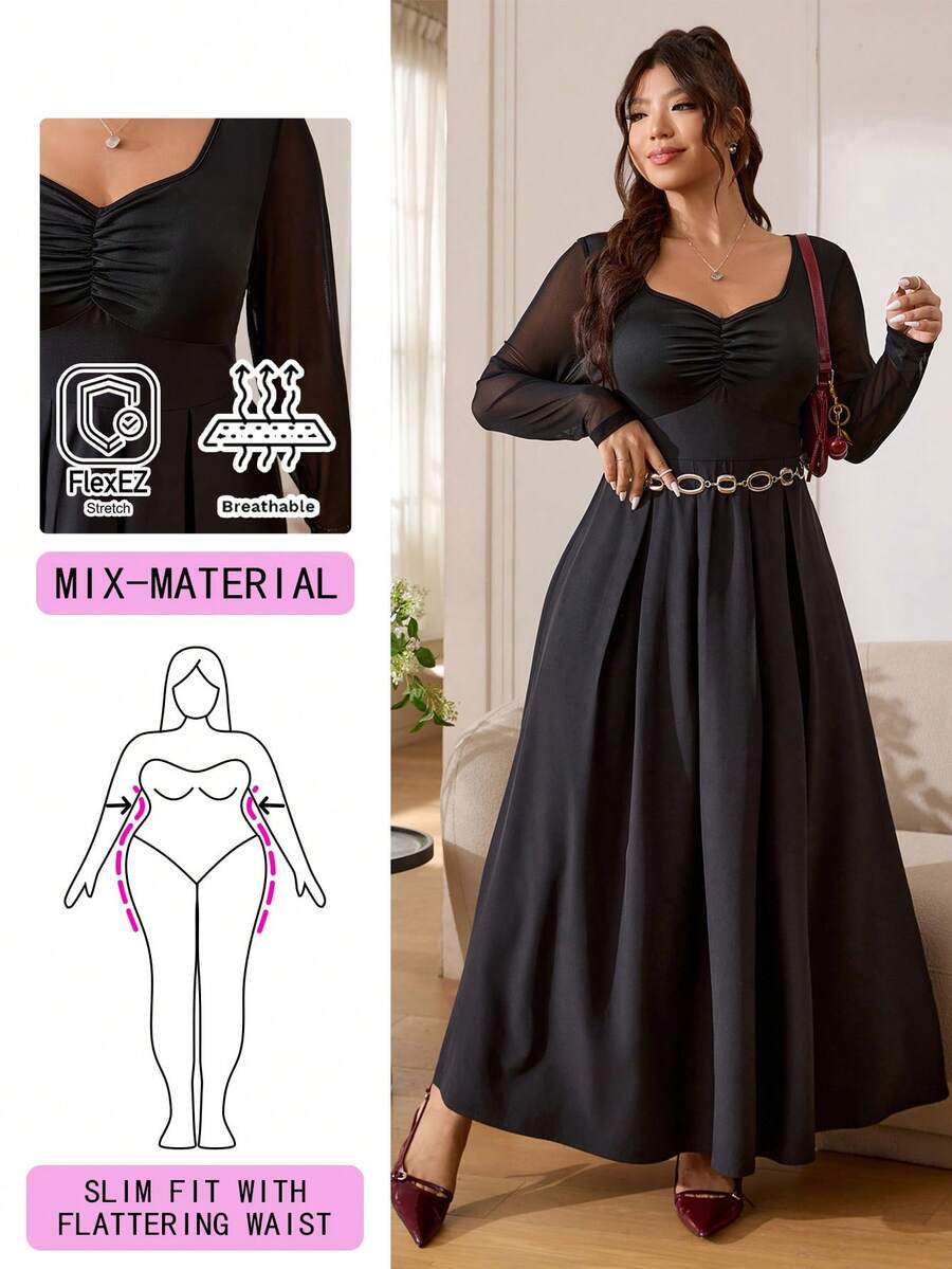SHEIN EZwear Plus Size Black Autumn Elegant Formal Dinner Evening Dress,Swan Collar Chest Ruching Asymmetric Hem Comfortable Slim Fit Flattering Waist Party Gown - Black - View 1