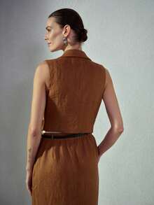 MOTF PREMIUM WOMEN'S PURE LINEN SHAWL NECK FITTED TIE WAIST SLEEVELESS BLAZER VEST, SPRING/SUMMER - Coffee Brown - View 7