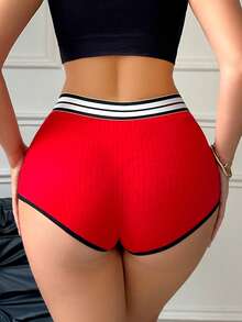 女士撞色罗纹平角短裤 - 紅色 - 查看 2