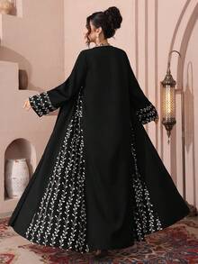 Al Najma Elegant Open Front Abaya With Heavy Golden Embroidery, For /Arabic Formal Occasions - Black - View 2