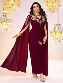 Al Najma Plus Size Women's Elegant Party Embroidered Applique Cape Sleeve Arabic Style Dress - Burgundy - View 4
