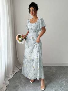 Modelyn 女士雪纺蝴蝶印花蝙蝠袖百褶甜美法式夏装