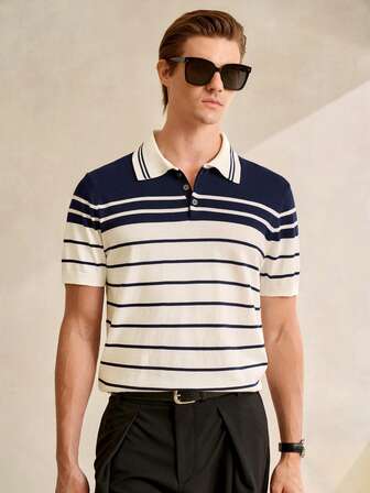 Manfinity CityGents Men's Striped Polo Collar Short Sleeve Casual Commuter Knit Top Men Stripe T Shirt College Style Pattern Polo Men Striped Polo Men Men Buttoned Knitted Polo Summer Wear For Men Men Stripe Polo Men Short Sleeve Polo