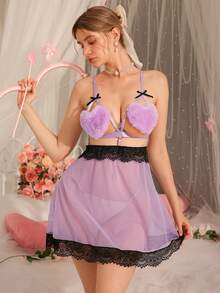 DelicateAllure Women's Mauve Purple Mesh Fabric Semi-Sheer Slip Dress With Spaghetti Strap Neckline And Furry Heart Detail - Mauve Purple - View 2
