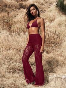 Opulessa Vacation Knit Lace High Waist Flare Pants For Women - Burgundy - View 6
