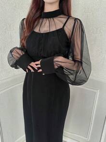 FRIFUL 女士网纱拼接高开衩修身连衣裙 - 黑色 - 查看 4