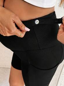 Slowluna Maternity Casual Everyday Commute Solid Color Ribbed Knit Adjustable Waist Shorts, Summer Holiday Outfits , Summer Outfits, Summer Clothes - Black - View 8