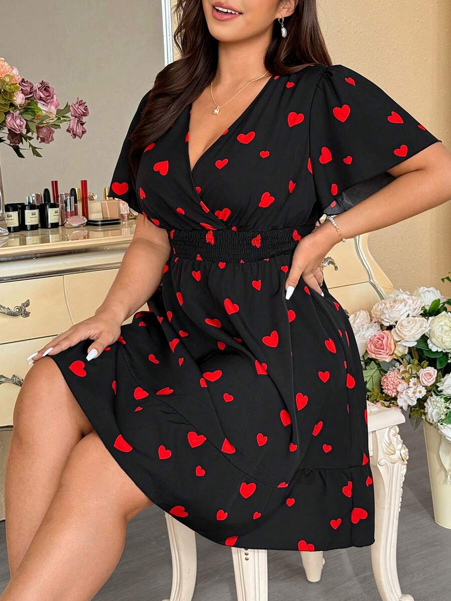 Vionelle Đầm midi dáng rộng dành cho nữ, họa tiết trái tim, cổ chữ V, tay loe, eo chun. - màu đen - Xem 1