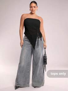 SHEIN BAE New Spring/Summer Plus Size Women Apricot Asymmetric Drawstring Tie Camisole Tank Top, Wavy Texture Bandeau Crop Top, Sexy Cami, Y2K Style Suitable For Dates, Outings, Music Festivals, Afternoon Tea, Parties, Graduation Season, Wedding Season/ Plus Size Tube Tops/ Curve Summer Tops - Black - View 3