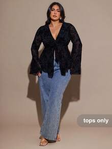 SHEIN BAE 大码复古植物印花系带喇叭袖透视网纱上衣，适合夏季度假、冬季、夏季、舒适的秋冬季节、万圣节服装、圣诞节、新年、感恩节、优雅派对上衣、性感夜店装扮、舒适的秋冬季风格 - 黑色 - 查看 3