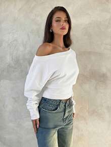 Aloruh 优雅 95% 棉针织不对称肩长袖上衣，白色百搭衬衫，秋季衣橱；简约时尚；舒适别致。 - 白色 - 查看 4