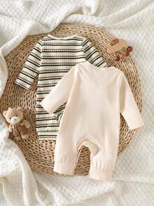 SHEIN Conjunto de 2 piezas de mono de manga larga media abierta con bordado de oso de peluche en color albaricoque y rayas, adecuado para recién nacidos niños en verano