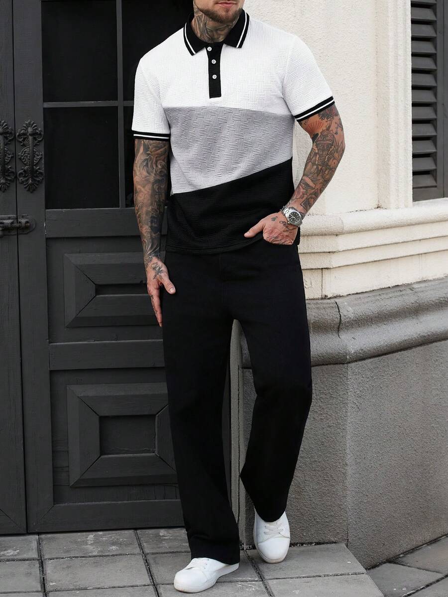 Manfinity CasualCool Áo Polo nam dáng casual, phối màu tương phản, cài cúc nửa thân - trắng - Xem 1