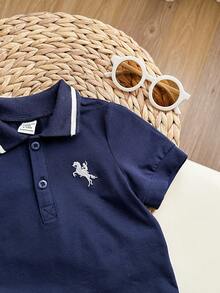 Baby Boy Casual Cute Collegiate Style Embroidered Short Sleeve Polo Shirt And Elastic Waist Pants Set - Navy - View 5