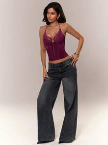 Aloruh Women's French Lace Cup Halter Backless Camisole - Champagne - View 4