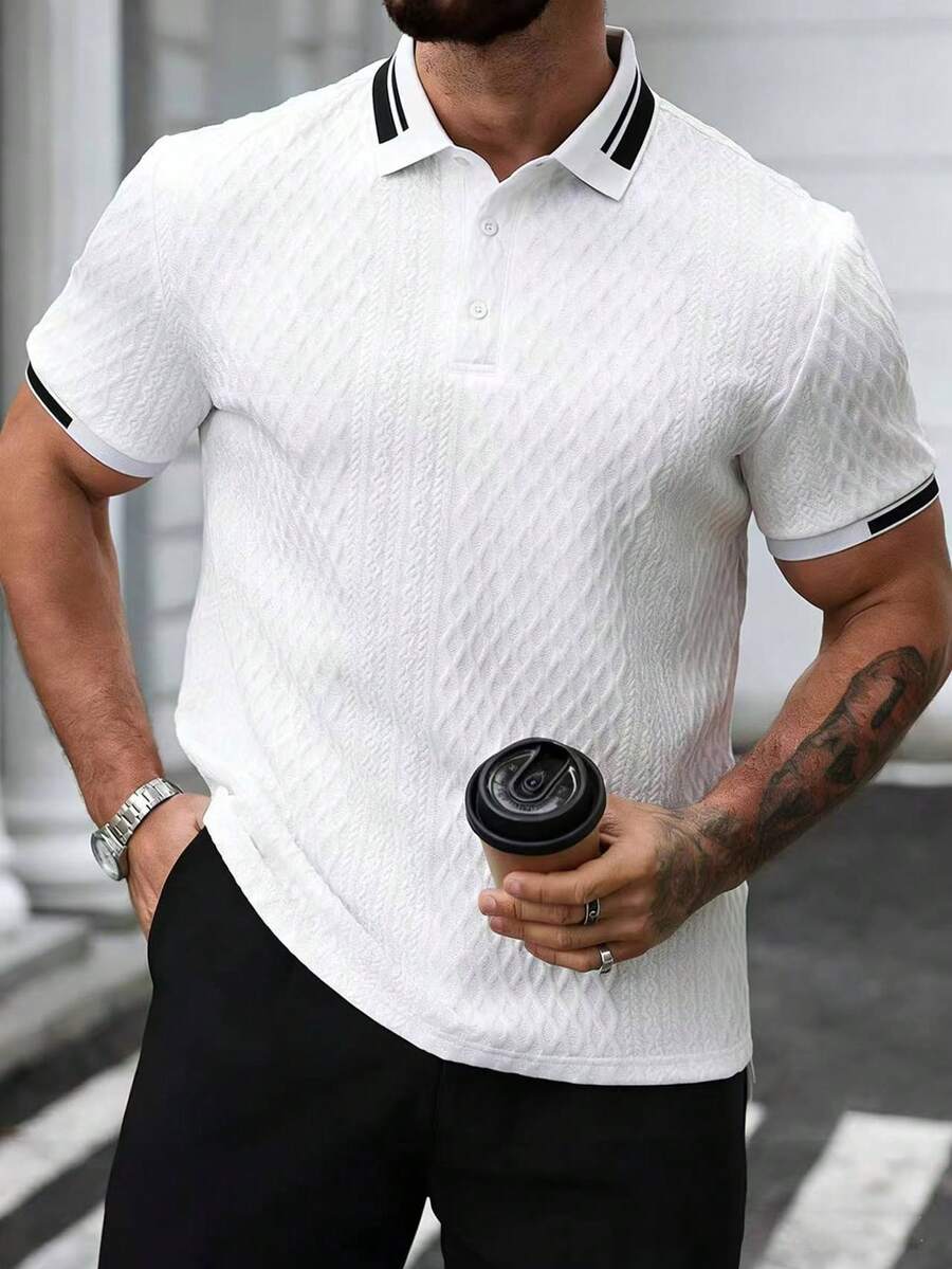 ARLO REED 男士纯色纹理纽扣半开襟 Polo 衫 - 白色 - 查看 1