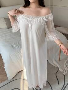 Dazy Plus Mesh Contrast Lace Off-Shoulder Loose Sexy Long Nightgown - White - View 6