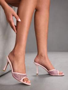 CUCCOO SZL Women's Rhinestone Embellished Elegant High Heel Slide Sandals Valentine's Day