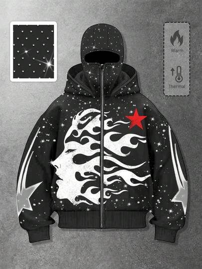 Street Life Stylish Dark Hooded Zip-Up Sweatshirt Jacket With Rhinestone Embellishment For Men