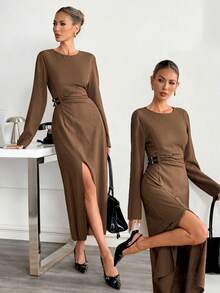 Siren Gaze Vestido midi de manga larga con cuello redondo y abertura alta de unicolor para mujer - Marrón - Ver 3