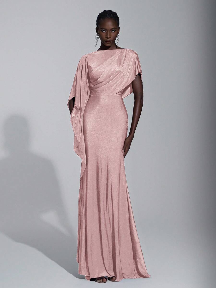 Elitara Elegant Luxurious Navy Blue Satin Ruffle Sleeve Sexy Slit Fishtail Bridesmaid Dress - Dusty Pink - View 1