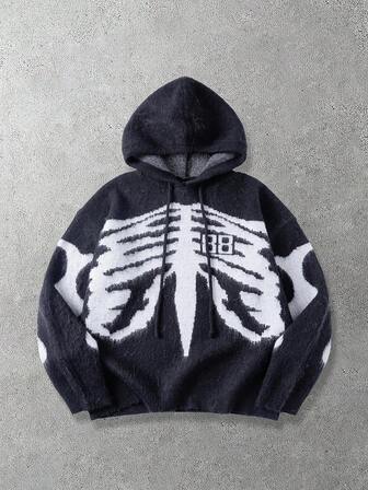 Men's Drawstring Hooded Jacquard Knit Sweater