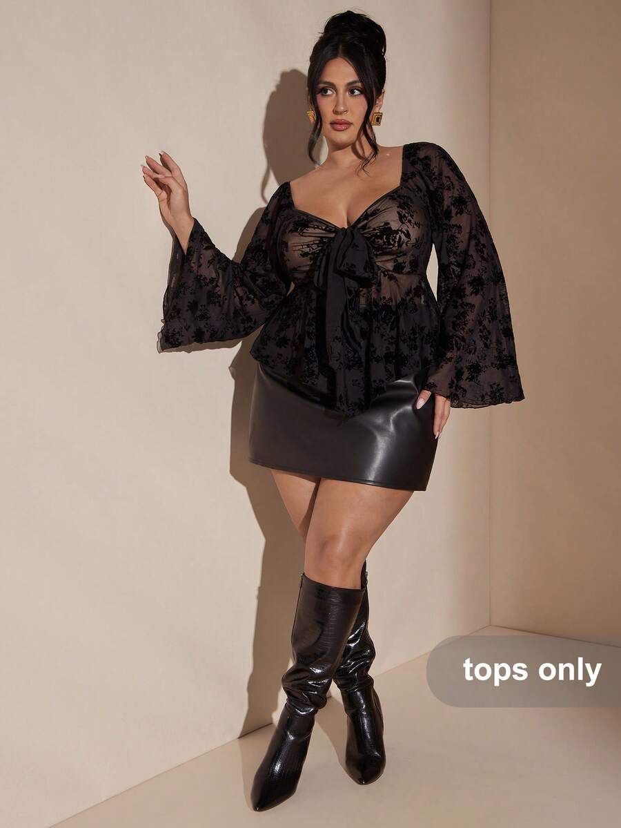 SHEIN BAE Plus Size Women's Black Long Sleeve Flared Sleeve Tie Front Top, Flocked Elegant Blouse,Birthday Party,Elegant Top,Winter For Women, Summer,Cozy Fall And Winter For Women,Halloween Costume, Christmas For Women,New Year,Thanksgiving Top - Black - View 1